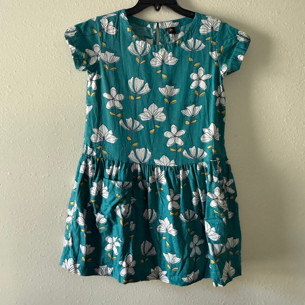 Tea Collection Girls Teal Green Floral Drop Waist Pocket Dress Size 12